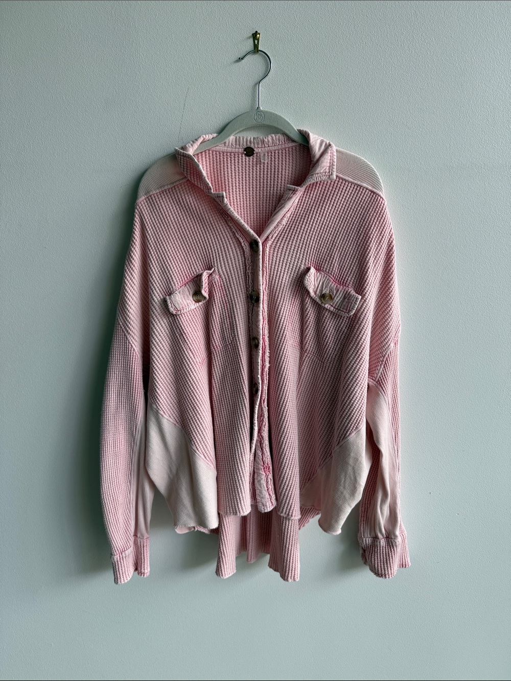 Women's Pink and White Waffle-Knit Button-Down Shirt